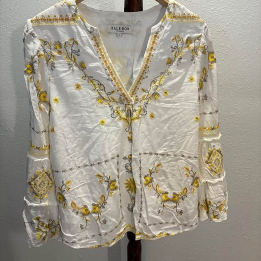 Hale Bob White Yellow Gold Embroidered V-Neck Long Sleeve Bell Cuff Blouse Large